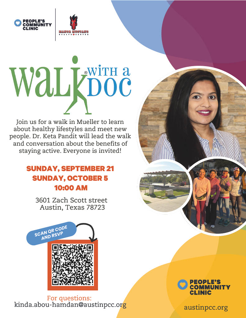 Walk with a Doc

Join us for a walk in Mueller to learn about healthy lifestyles and meet new people. Dr. Keta Pandit will lead the walk and conversation about the benefits of staying active. Everyone is invited! 

Sunday, September 21st
Sunday, October 5th
10:00 AM

3601 Zach Scott street 
Austin, Texas 78723

Scan QR Code and RSVP

For questions: kinda.abou-hamdan@austinpcc.org