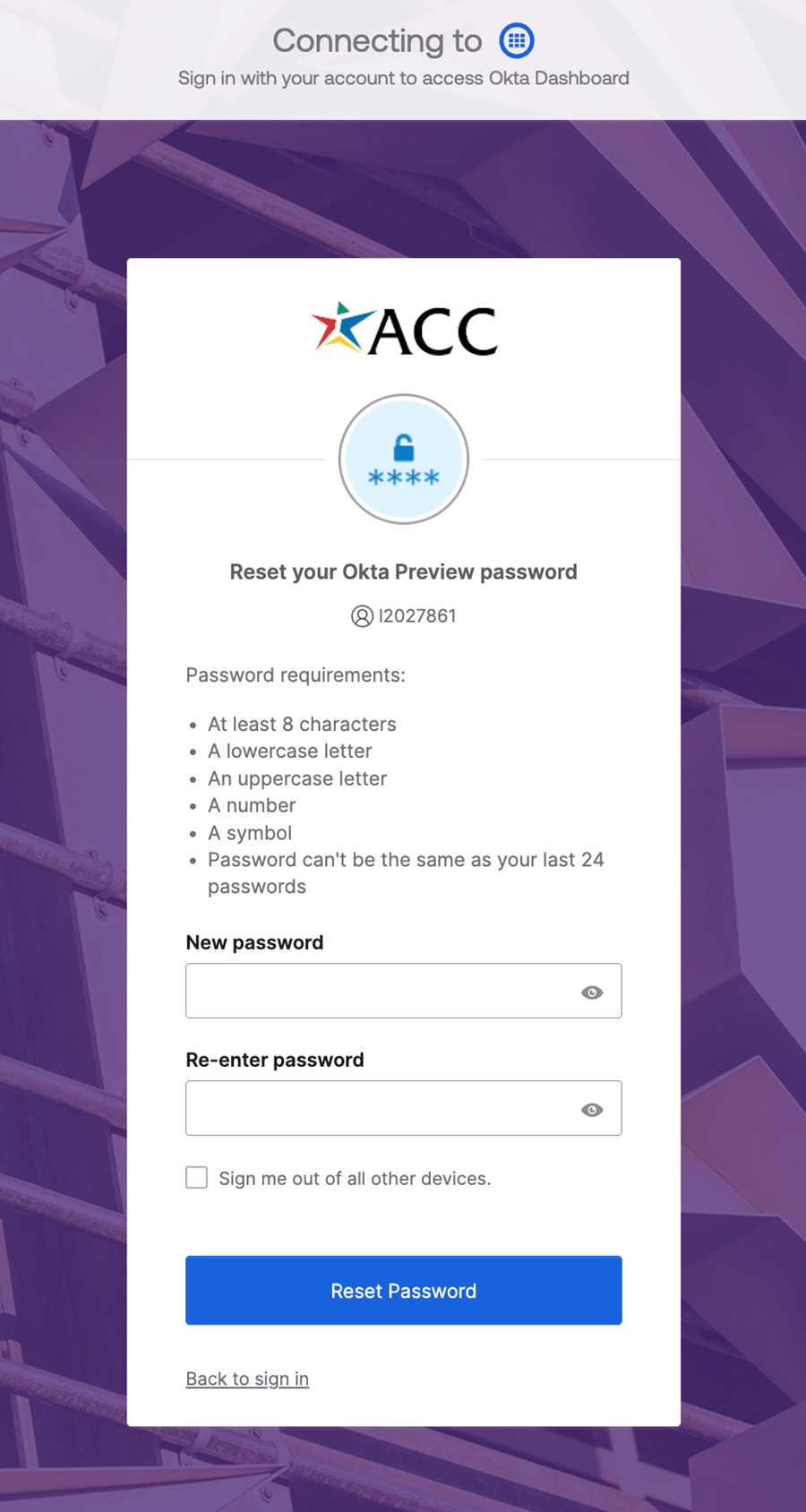 Screenshot of Okta's set new password screen