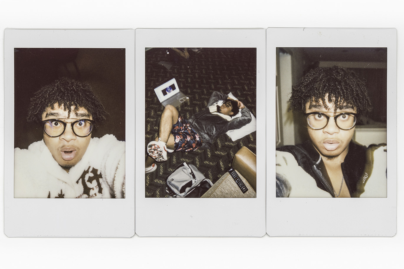 Set of three scanned polaroid photos showing a young African American college student.