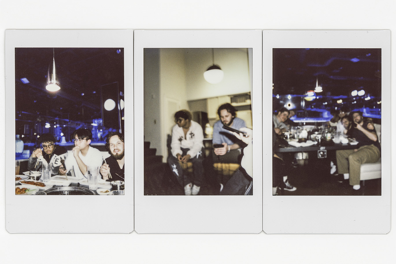 Set of three scanned polaroid photos showing college students spending time together.