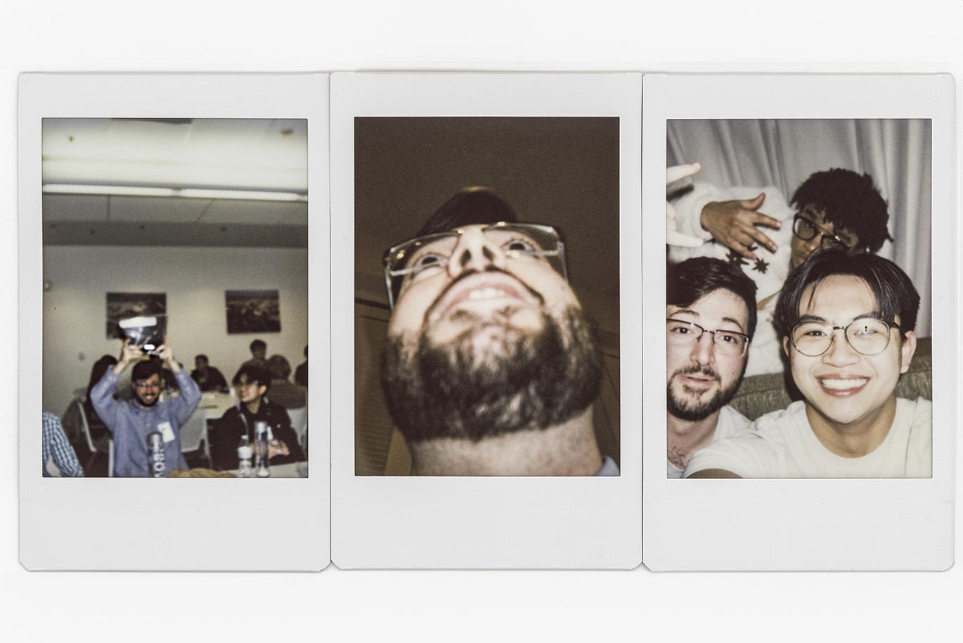 Set of three scanned polaroid photos showing college students laughing, taking a group selfie and an individual selfie.