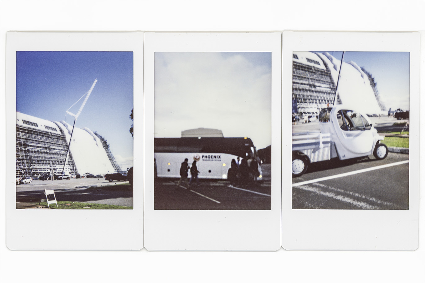 Set of three scanned polaroid photos showing large building, a bus and a specialty vehicle that resamples a truck.