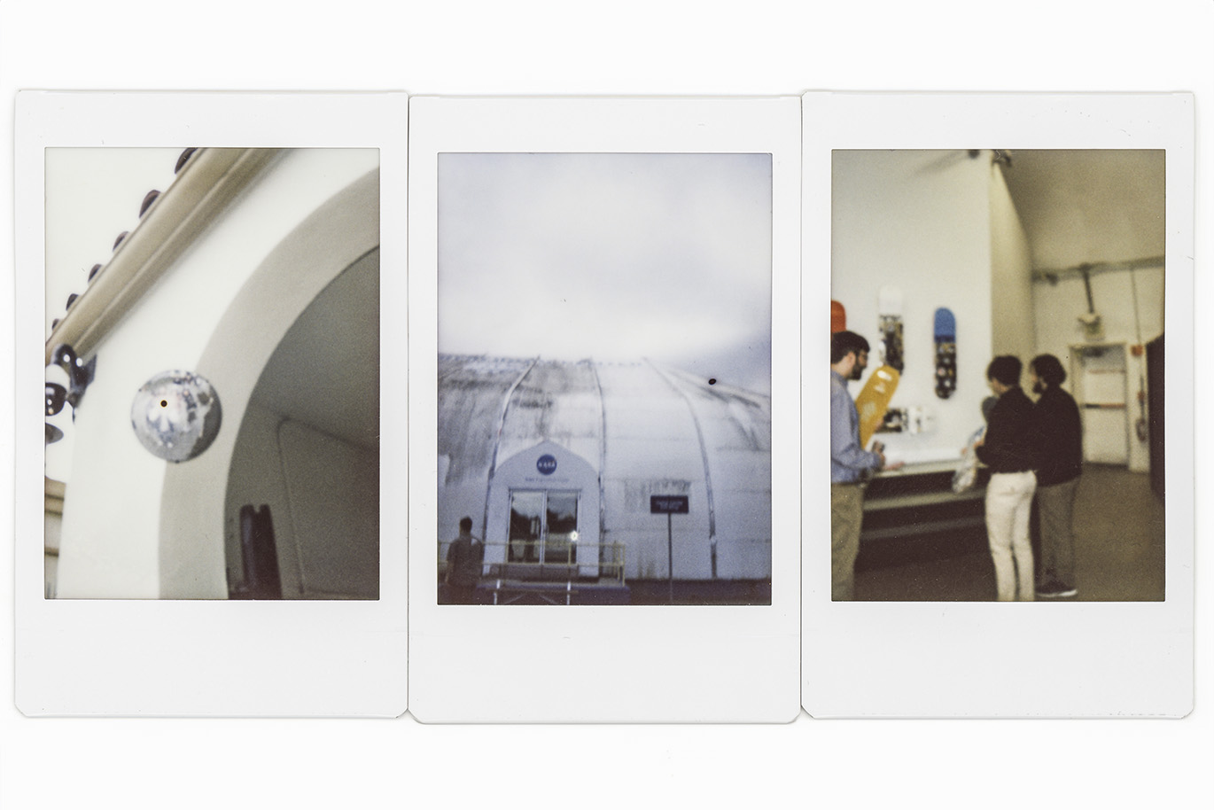 Set of three scanned polaroid photos showing a detail of a building, a building entrance and the inside of a gift shop.