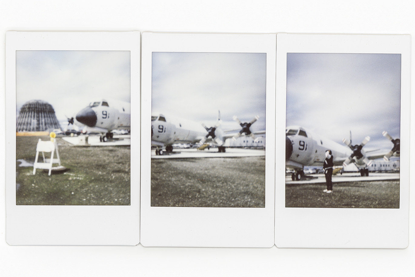 Set of three scanned polaroid photos showing an airplane.