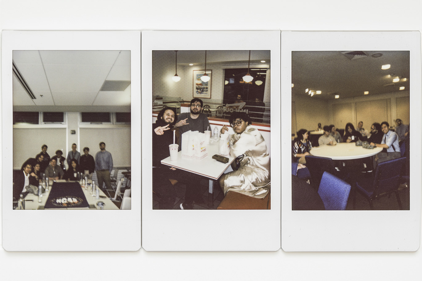 Set of three scanned polaroid photos showing college students spending time together indoors.
