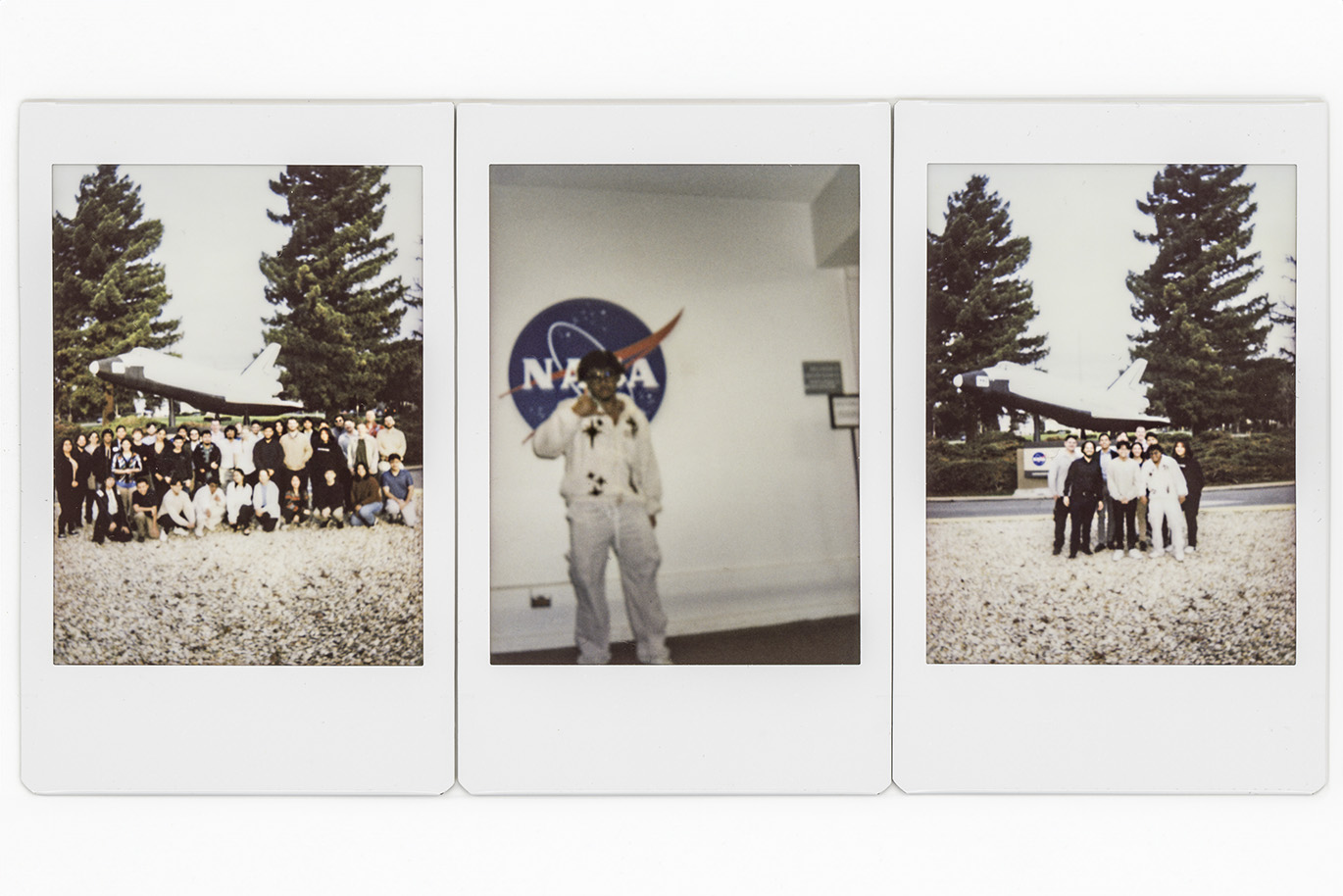 Set of three scanned polaroid photos showing two groups of college students out doors and a portrait of one male student posing by the NASA logo.
