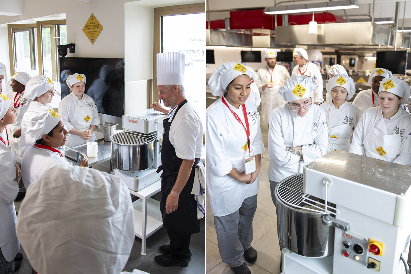 Two vertical images side-by-side showing students dressed in white culinary arts uniforms learning practical skills inside an instructional kitchen.