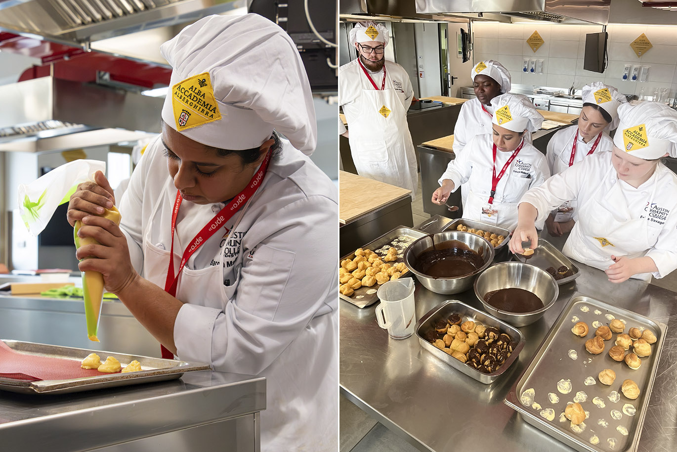 202400526-ACC-Culinary-Italy-002 Two vertical images side-by-side showing students dressed in white culinary arts uniforms learning practical skills inside an instructional kitchen.