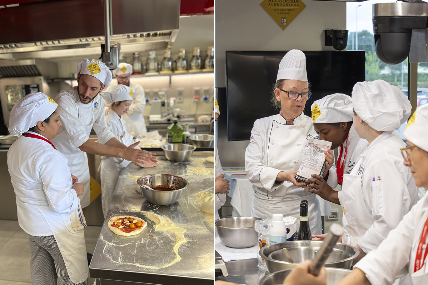202400526-ACC-Culinary-Italy-003 Two vertical images side-by-side showing students dressed in white culinary arts uniforms learning practical skills inside an instructional kitchen.
