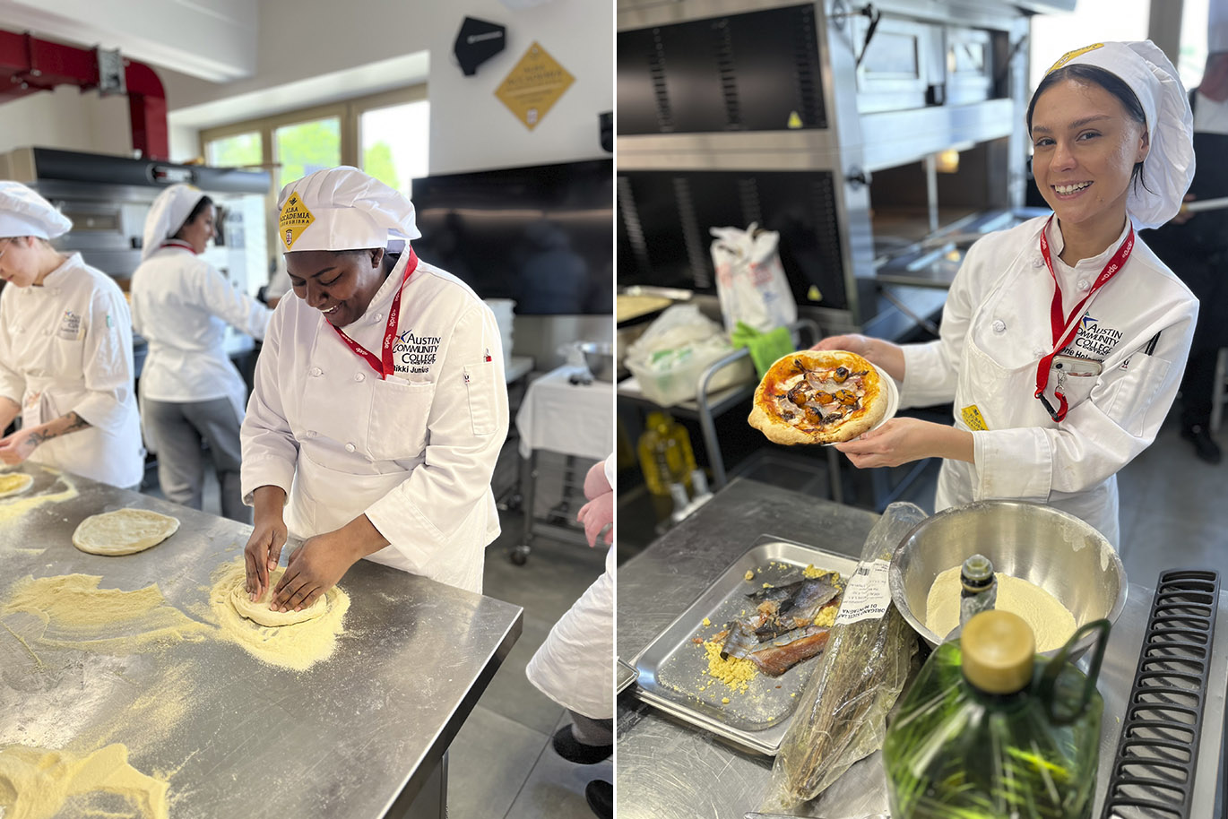 202400526-ACC-Culinary-Italy-006 Two vertical images side-by-side showing students dressed in white culinary arts uniforms learning practical skills inside an instructional kitchen.
