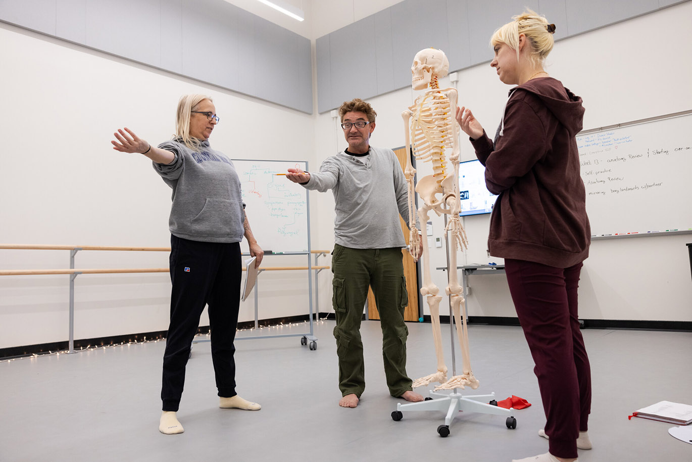 A female college instructor demonstrates an arm movement motion to a male and female student inside a small dance studio during a somatic movement education class. A full size plastic human skeleton is used as a teaching prop. T