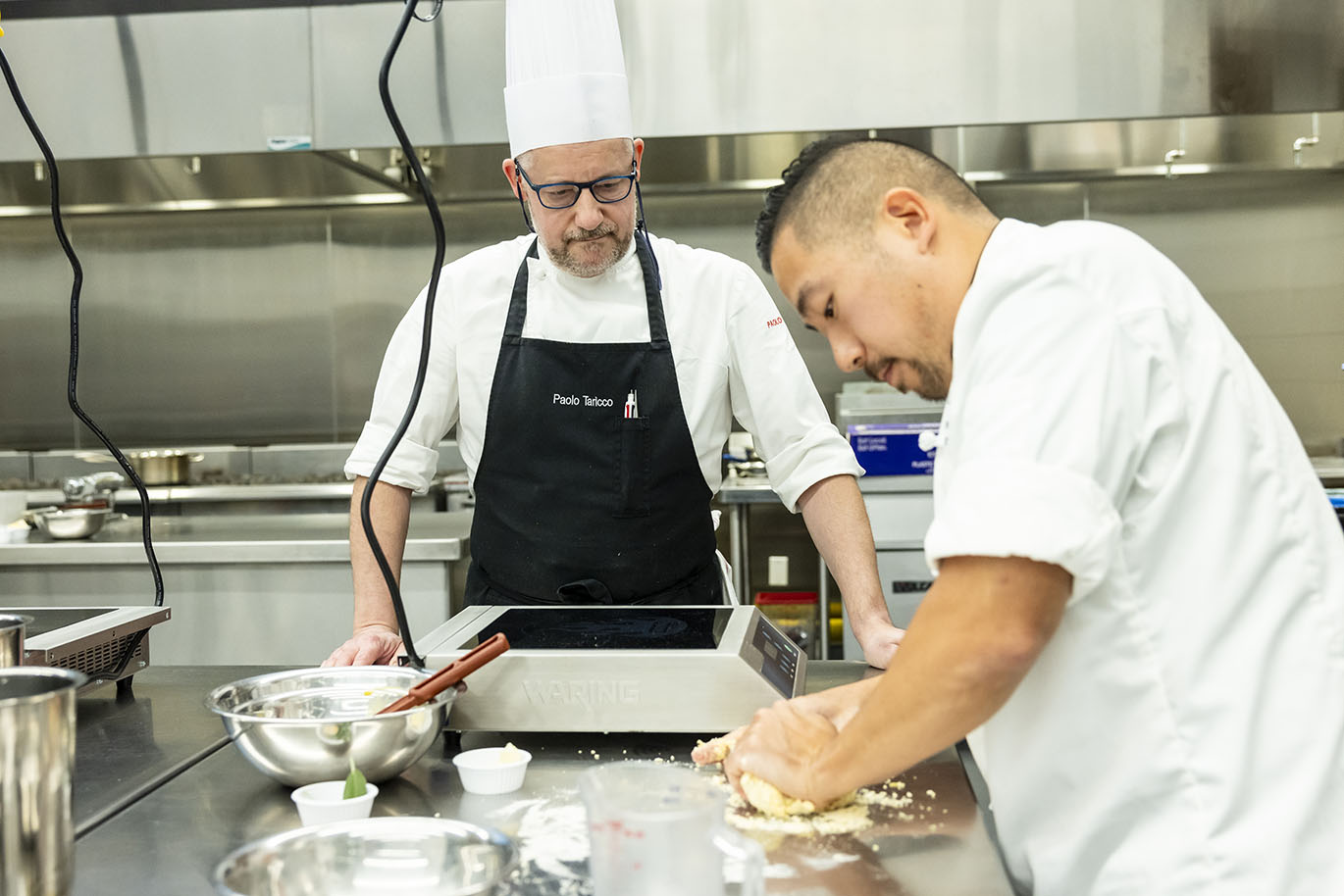 Culinary Arts - Chef Taricco Demo Italian Chef Paolo Taricco leads a hands-on pasta-making demonstration for Austin Community College Culinary Arts students, alumni, and industry partners on Wednesday, Jan. 28, 2025, in the Demonstration Kitchen at Highland Campus. Taricco, an instructor at Alba Accademia Alberghiera in Italy, is visiting as part of a partnership between the two programs, which includes a study abroad opportunity for ACC students in Italy.
