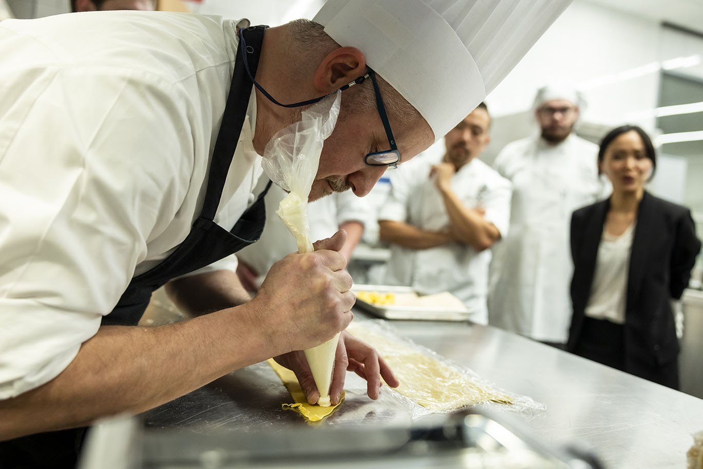 Culinary Arts - Chef Taricco Demo Italian Chef Paolo Taricco leads a hands-on pasta-making demonstration for Austin Community College Culinary Arts students, alumni, and industry partners on Wednesday, Jan. 28, 2025, in the Demonstration Kitchen at Highland Campus. Taricco, an instructor at Alba Accademia Alberghiera in Italy, is visiting as part of a partnership between the two programs, which includes a study abroad opportunity for ACC students in Italy.