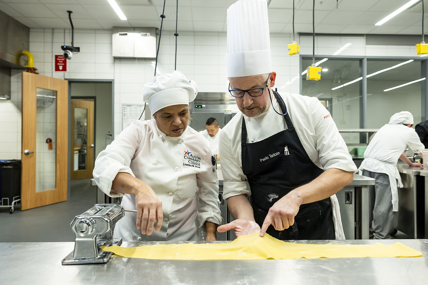 Culinary Arts - Chef Taricco Demo Italian Chef Paolo Taricco leads a hands-on pasta-making demonstration for Austin Community College Culinary Arts students, alumni, and industry partners on Wednesday, Jan. 28, 2025, in the Demonstration Kitchen at Highland Campus. Taricco, an instructor at Alba Accademia Alberghiera in Italy, is visiting as part of a partnership between the two programs, which includes a study abroad opportunity for ACC students in Italy.