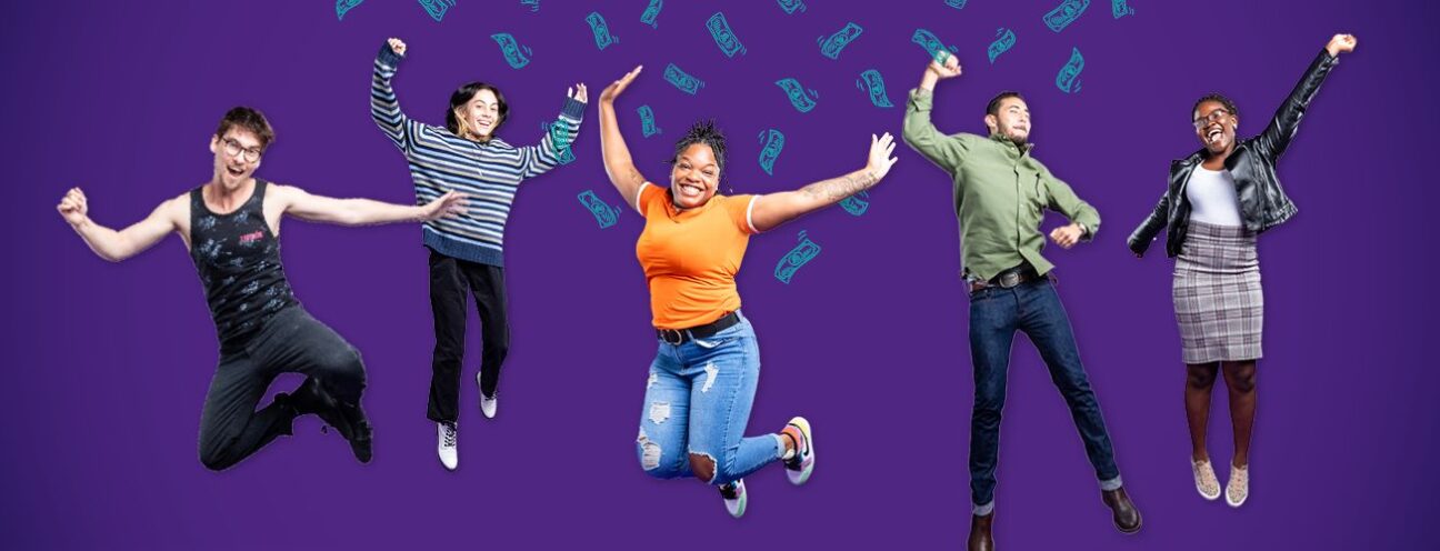 A group of excited people jumping with joy as money falls from the sky around them.