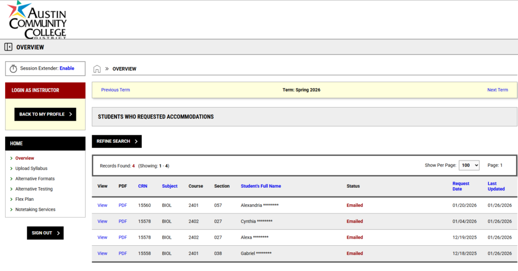 Image of faculty overview page with menu and 4 students listed as submitting faculty notification letters for the instructor to review. 