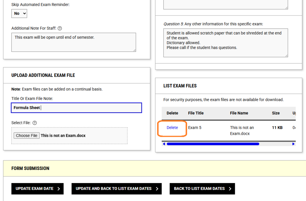 A screenshot showing the file management section of an exam entry. On the right, a data table titled "LIST EXAM FILES" tracks uploaded items for security purposes. It displays a file row with the file title "Exam 5" and file name "This is not an Exam.docx". The blue "Delete" hypertext command positioned at the beginning of this file row is highlighted with a rounded orange border, indicating how to remove an attached document.