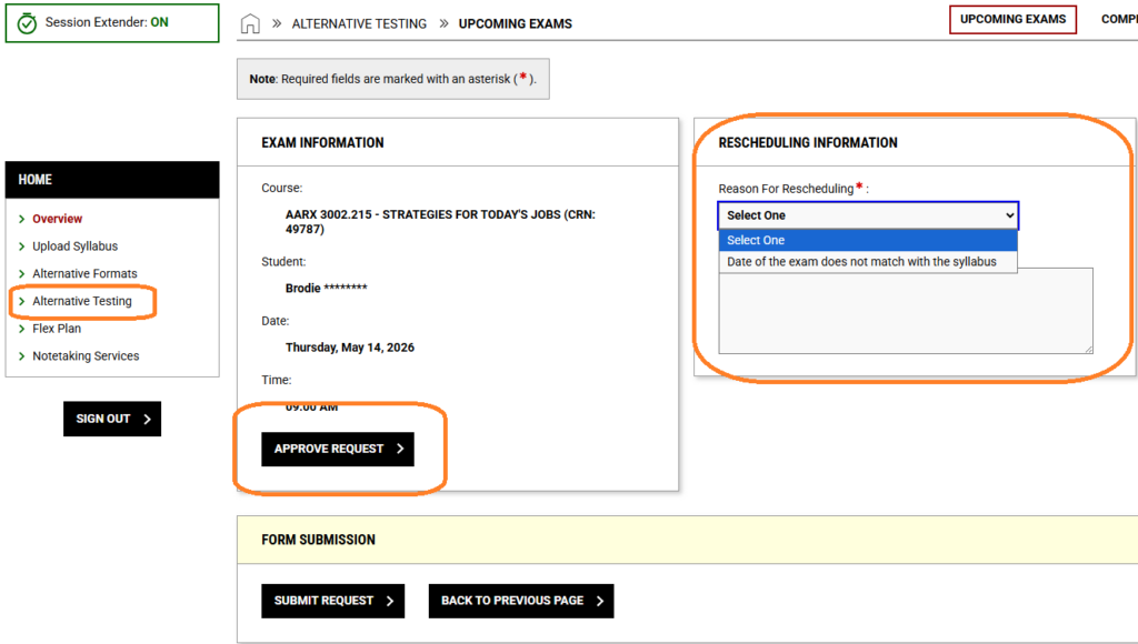 A screenshot of the "Upcoming Exams" request validation portal in AIM. On the left side, an "EXAM INFORMATION" summary box outlines a testing request for a student named "Brodie" for course "AARX 3002.215" on "Thursday, May 14, 2026" at "09:00 AM"; a prominent black button reading "APPROVE REQUEST >" is circled in orange. On the right side, a card titled "RESCHEDULING INFORMATION" contains a "Reason For Rescheduling" selection box with the active option "Date of the exam does not match with the syllabus," which is also highlighted by an orange outline.
