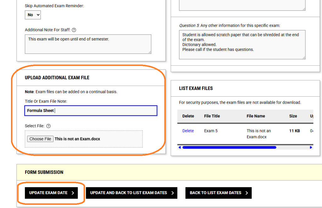 A screenshot focusing on the "Upload Additional Exam File" panel, which is highlighted by a large rounded orange outline. Inside this card, a text field box titled "Title Or Exam File Note" contains the input text "Formula Sheet". Below it, a dashed attachment container holds a "Choose File" button next to the text "This is not an Exam.docx". At the very bottom, under the "FORM SUBMISSION" bar, a black action button reading "UPDATE EXAM DATE >" is bordered by a separate orange outline.