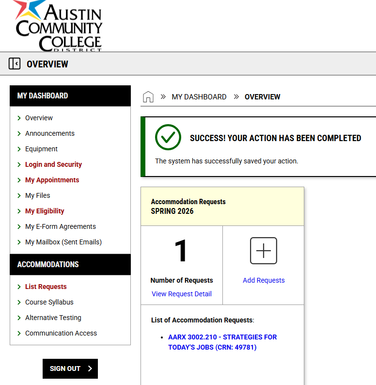 Image of the student dashboard overview page. Provides a view of the menu and 1 Accommodation Requests for Spring 2026.