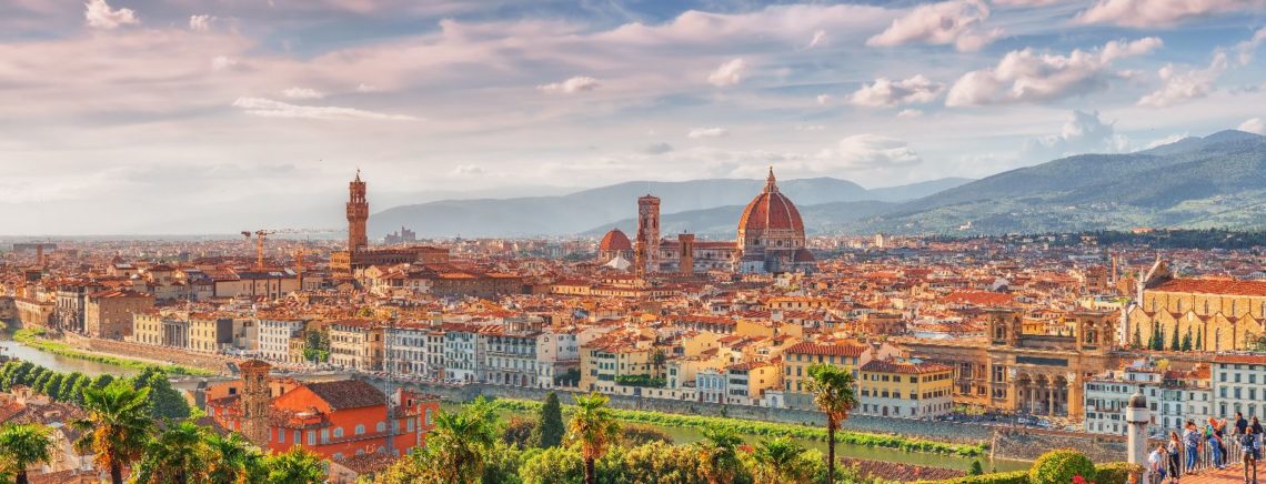 Beautiful landscape above, panorama on historical view of the Florence from Piazzale Michelangelo point - Italy.