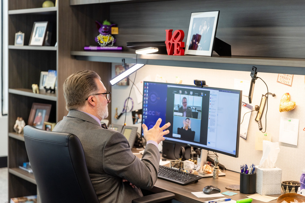 Austin Community College Chancellor Dr. Russell Lowery-Hart hosts a Student Virtual Town Hall meeting on Thursday, November 9, 2023, inside his office at ACC Highland Campus.