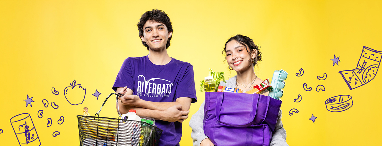 Two ACC students hod carts of food promoting ACC Riverbat Bites Food Pantries
