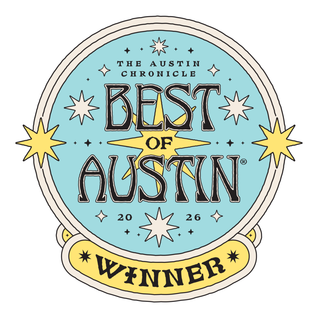 hand-drawn writing on a round badge with stars of yellow and white against a blue background. Words read The Austin Chronicle Best of Austin 2026 winner